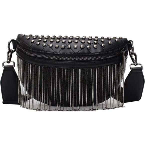 ? Glt.etl Faux leather Fringe Women Black Chest Quilted Rivet Tassel Waist Bag